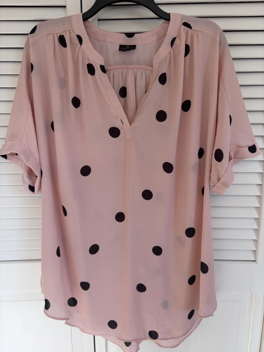 Worthington Women's XL Top Pink Black Polkadots Short Sleeve Lightweight Flowy